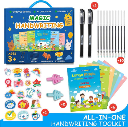 Large Magic Practice Copybook for Kids,Handwriting Grooved Practice Book 6 Pack with Pen Refill English Cursive Calligraphy Reusable Age 3-8（A4 Size）