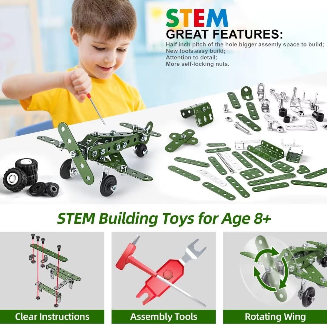Ferthor Fun 7 in 1 STEM Toys,Creative Set for Boys Age 8-12,Learning Engineering Kids Building Blocks Model Kits,Metal Construction Toys for Kids 8 9 10 11 12+ Year Old(180PCS No Motor)