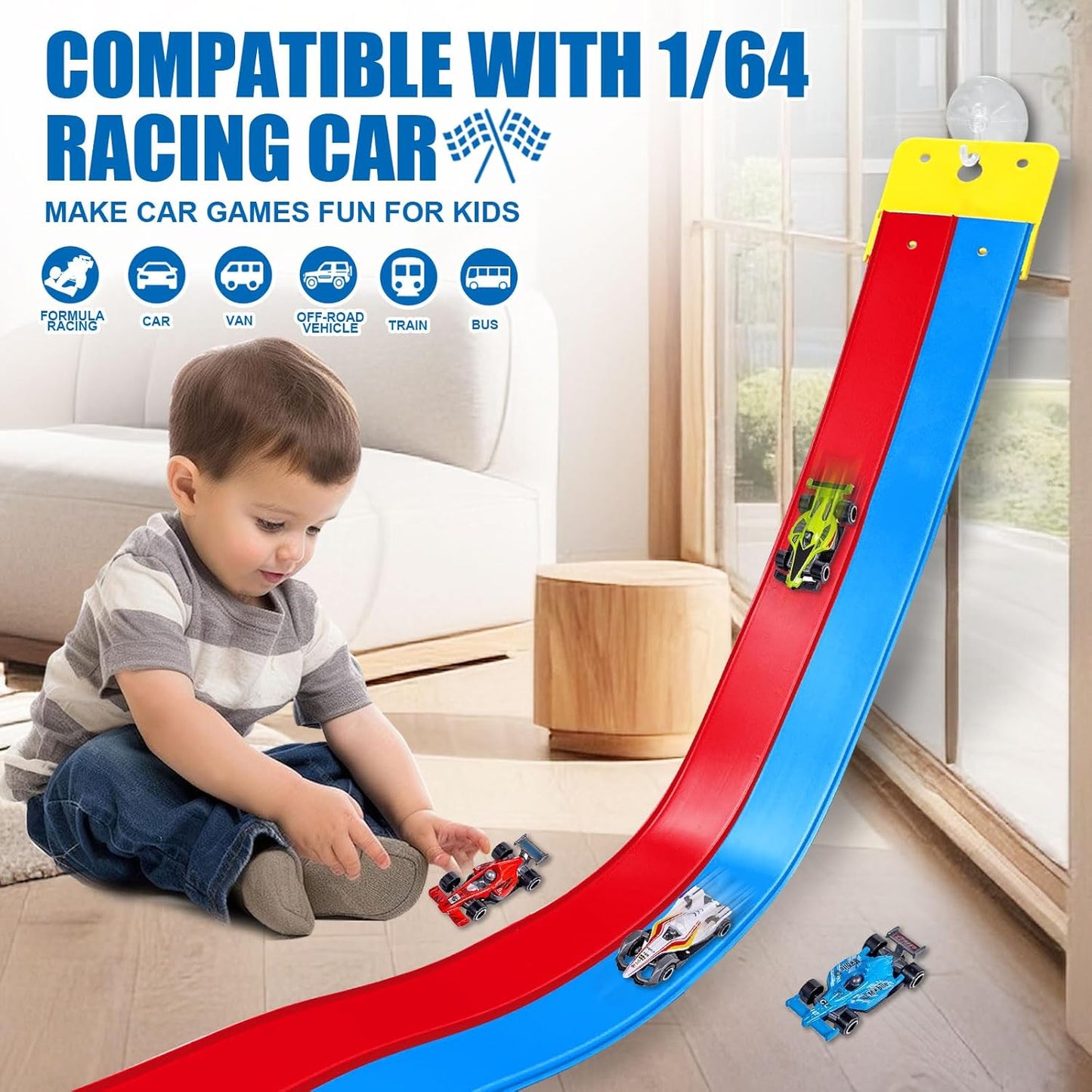 Flexible Race Track Toys for Kids, 15 Ft Double Lane Racetrack with 4 Cars & Suction Cups, Compatible with Hot Wheels & 1/64 Diecast Cars, Portable Roll Up Car Ramp Track Set for Ages 3+(Yellow&Blue)
