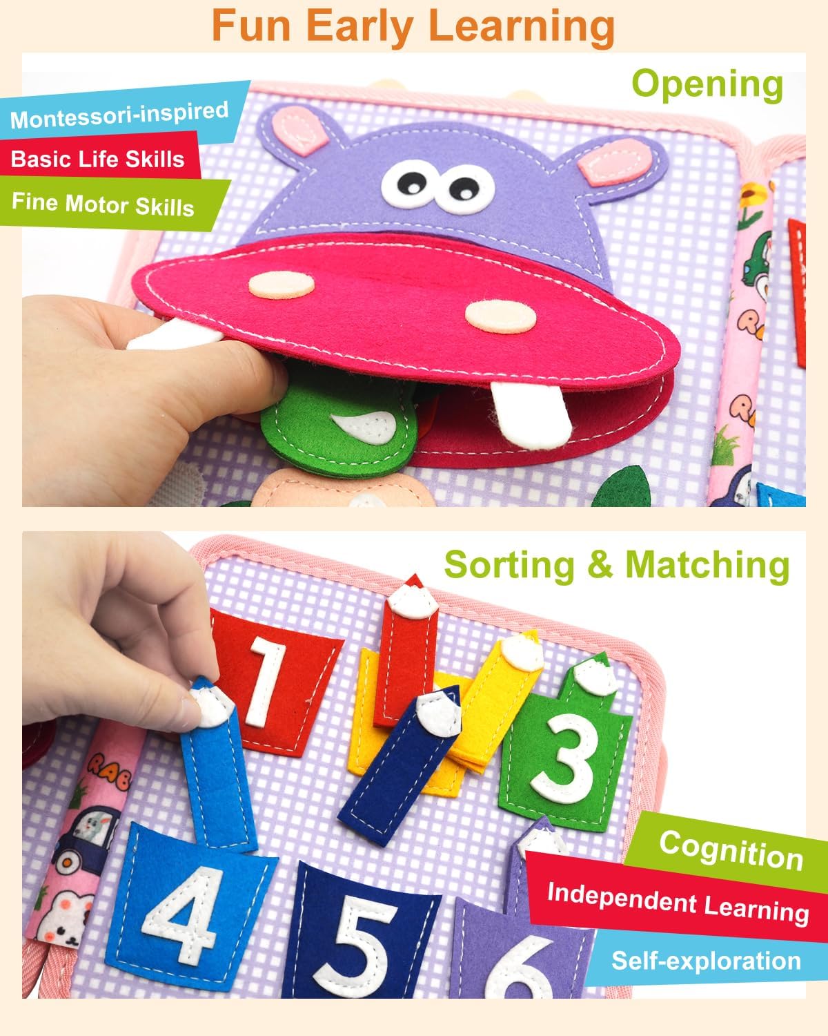 Felt Busy Book for Toddlers 1-3, Montessori Busy Board for 1 Year Old, Quiet Book Airplane Travel Toys, Sensory Early Learning Educational Toy, Road Trip Activity Books, Girls Birthday Gifts