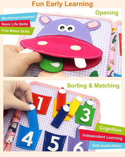 Felt Busy Book for Toddlers 1-3, Montessori Busy Board for 1 Year Old, Quiet Book Airplane Travel Toys, Sensory Early Learning Educational Toy, Road Trip Activity Books, Girls Birthday Gifts