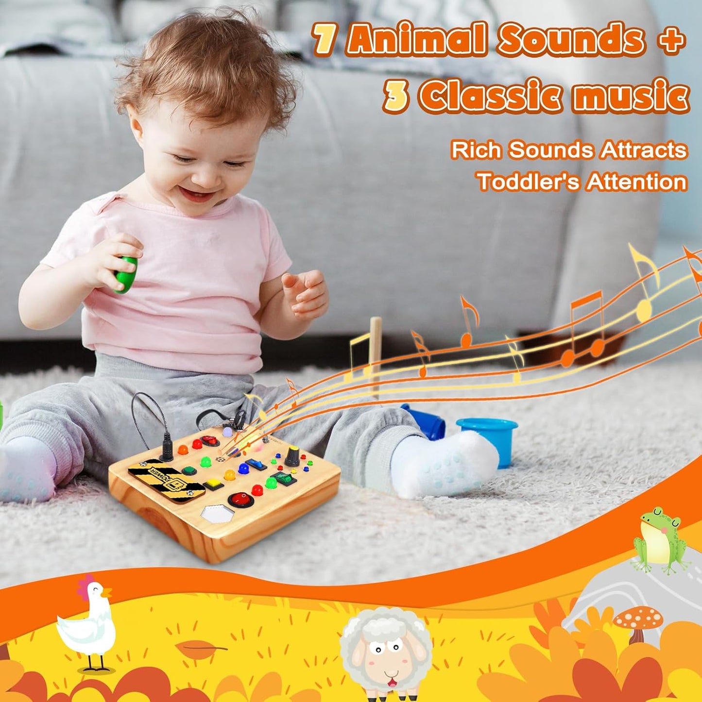TINTECUSA Busy Board Montessori Toys for Toddler, Wooden Sensory Board Switch Toy with Shape Sorter LED Light Up Toys Educational Plane Travel Activity for Girls & Boys
