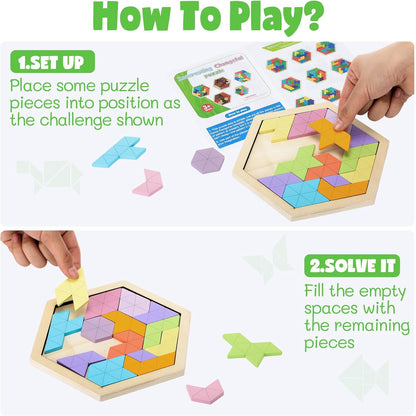 Yunsailing 3 Pack Large Hexagon Tangram Puzzle Wooden Brain Puzzles for Adult Challenge Wood Russian Blocks Brain Teasers Geometric Jigsaw Block Logic Iq Stem Family Graduation Gifts(Vintage)