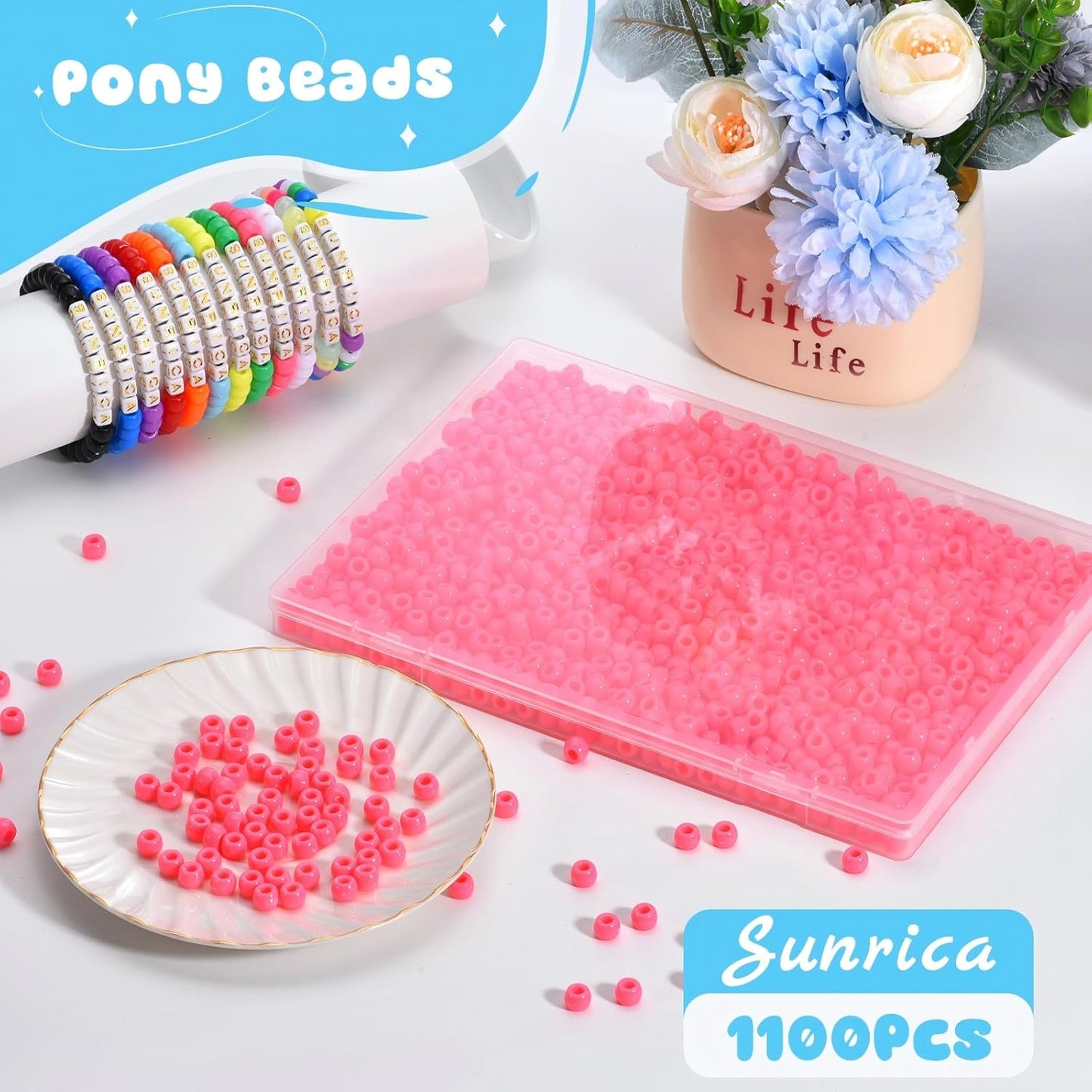 1100Pcs Red Pony Beads 6x9mm Large Hole Plastic Hair Beads for Braids, Kandi Bracelets, Keychains, Jewelry Making