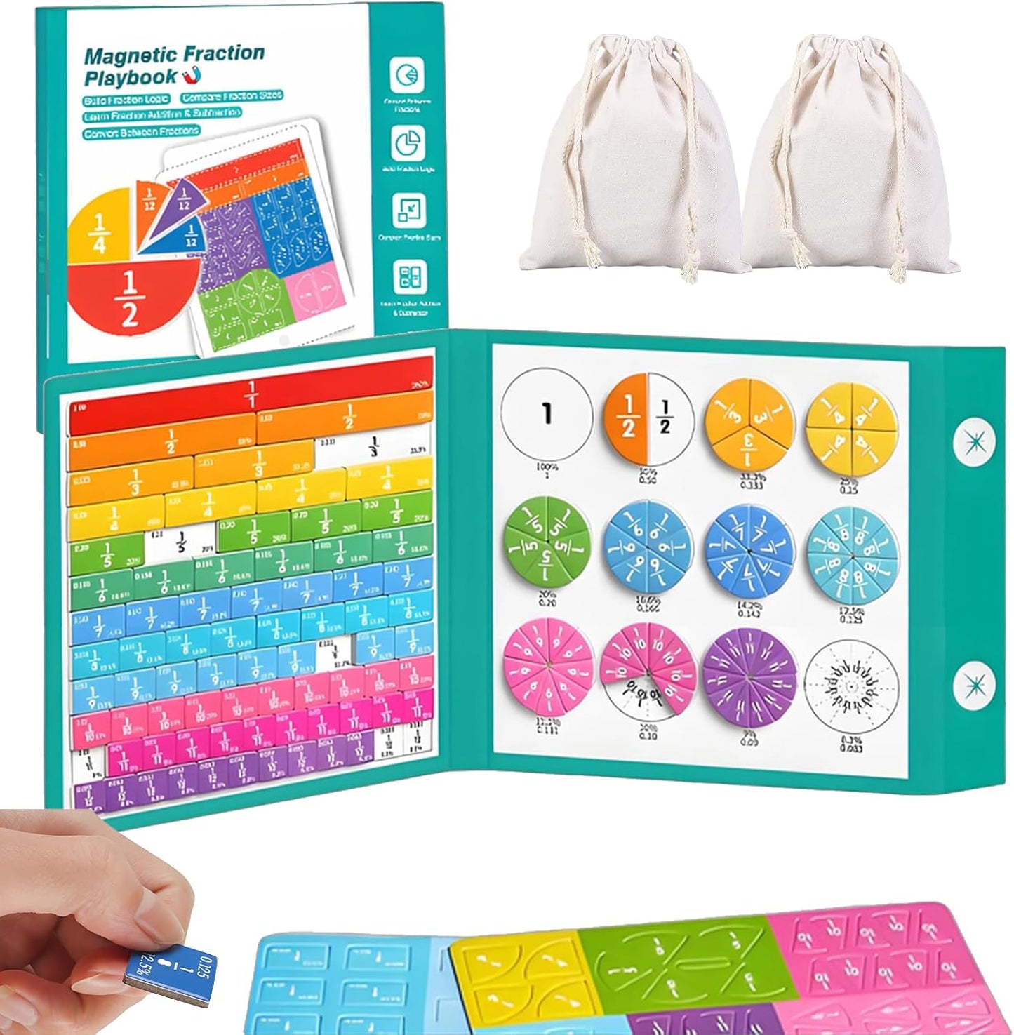 2026 Magnetic Math Fraction Set with 102 Pieces and 2 Storage Pouches, Magnetic Fraction Book, Tiles & Fraction Circles for Hands-On Skills and Core Math Foundations, Compact Book-Style Design (1)