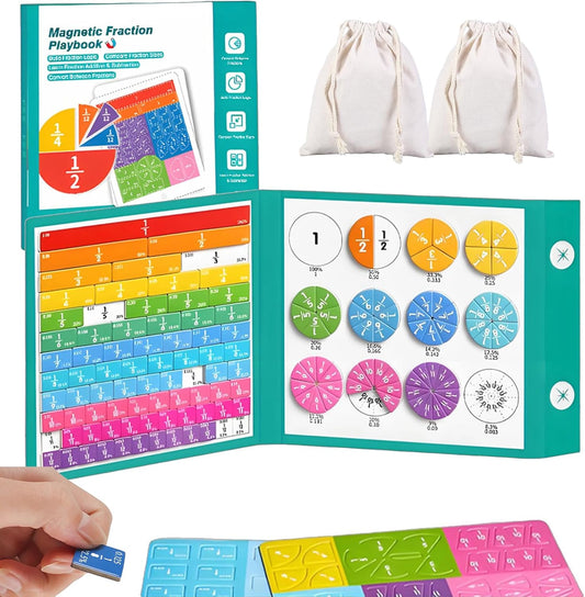 2026 Magnetic Math Fraction Set with 102 Pieces and 2 Storage Pouches, Magnetic Fraction Book, Tiles & Fraction Circles for Hands-On Skills and Core Math Foundations, Compact Book-Style Design (1)