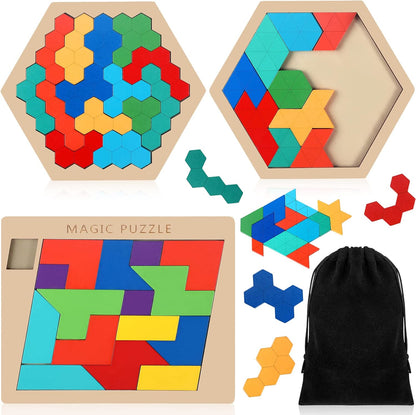 Yunsailing 3 Pack Large Hexagon Tangram Puzzle Wooden Brain Puzzles for Adult Challenge Wood Russian Blocks Brain Teasers Geometric Jigsaw Block Logic Iq Stem Family Graduation Gifts(Vintage)