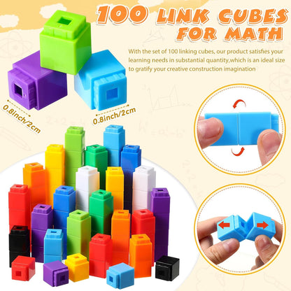 Jenaai 100 Pcs Linking Cubes Plastic Math Cubes Manipulative Counting Blocks STEM Snap Blocks Connecting and Counting for Early Math and Construction, Homeschool Preschool Supplies(Stylish)