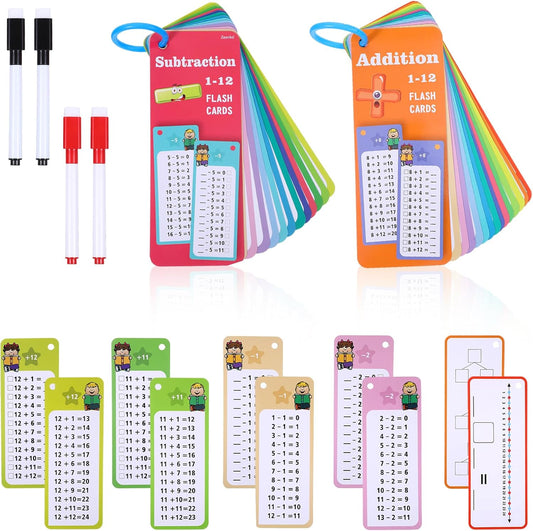 30 Pcs Addition and Subtraction Flash Cards, Math Flash Cards for 1st to 3rd Grades, Math Games Times Table Flashcards with 4 Dry Erase Pens 2 Rings for Learning
