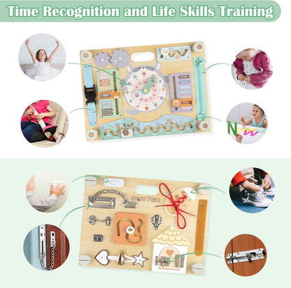 Montessori Large Double-Sided Busy Board for 1 2 3 4 Year Old- Wooden Sensory Toys -Fidget Activity Board for Toddlers Boys and Girls- Motor Skills Gifts for ADHD & Autistic Children Kids