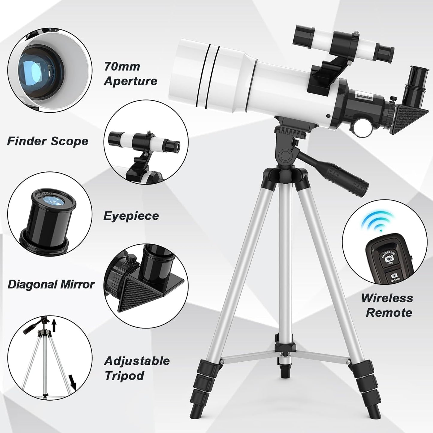 Telescope for Adults & Kids, 70mm Aperture Astronomical Refractor Telescopes for Astronomy Beginners (15X-150X), 300mm Portable Telescope with an Phone Adapter & A Wireless Remote