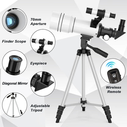 Telescope for Adults & Kids, 70mm Aperture Astronomical Refractor Telescopes for Astronomy Beginners (15X-150X), 300mm Portable Telescope with an Phone Adapter & A Wireless Remote