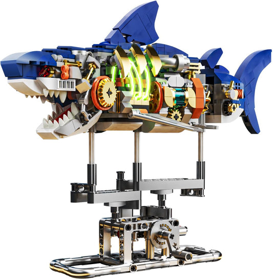 INSOON Mechanical Shark Building Set with LED Light, 687 PCS Movable Ocean Animal with Display Stand, Sea Fish Building Block Toy, Home Decor Gift for Adults Teens Kids Boys Ages 12+