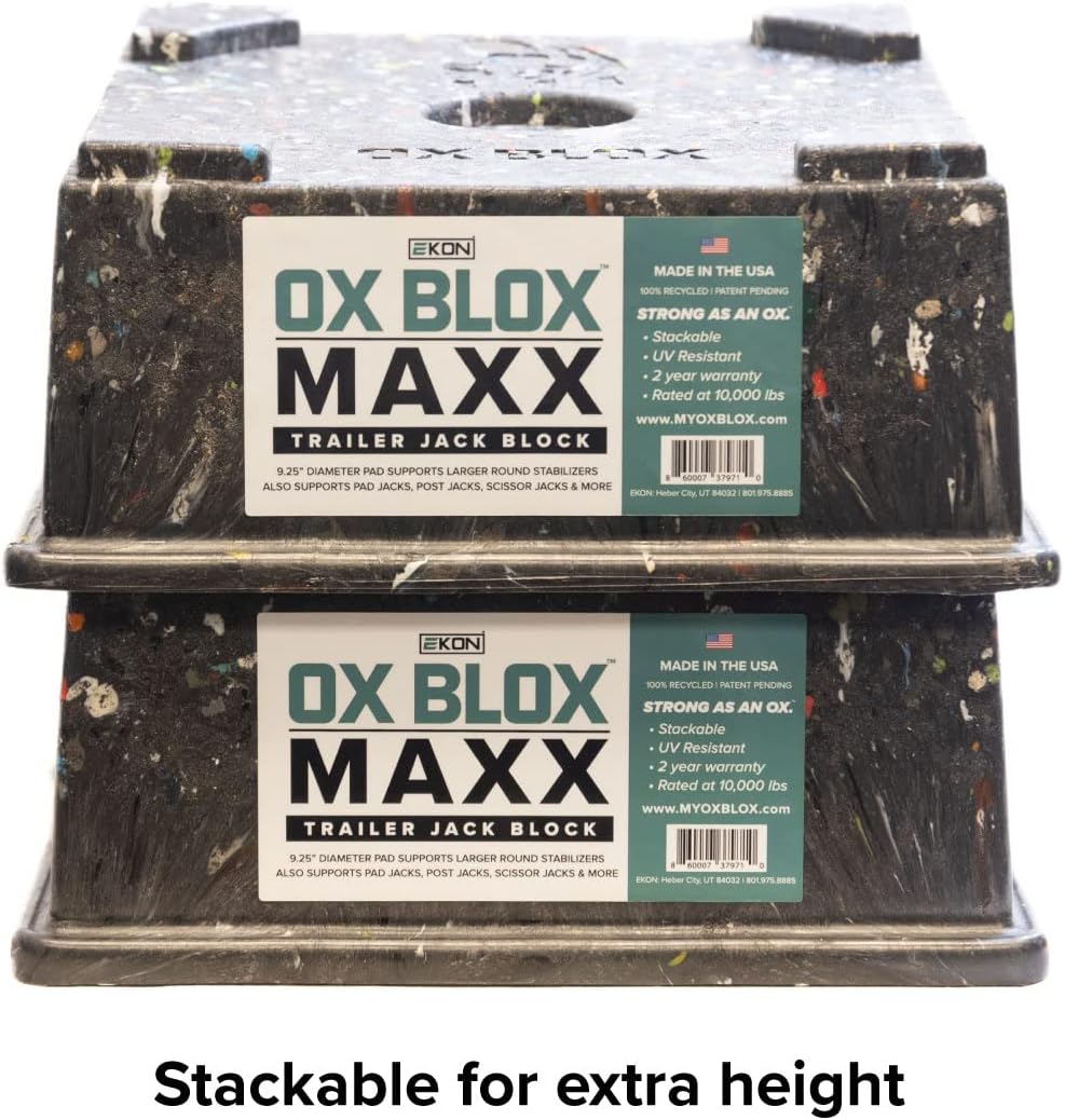 OX BLOX MAXX Heavy Duty Trailer Jack Block - 10,000 lbs. Capacity - 10.5x10.5x4.5 Inches - 6.8 lbs Weight - 5th Wheel RV Jack Block for 9" Round Feet - 9" and Smaller Feet Nest Securely Within Ridges