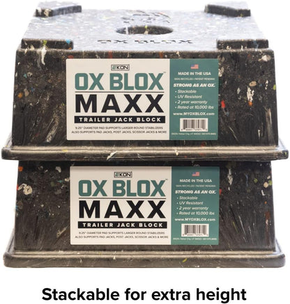 OX BLOX MAXX Heavy Duty Trailer Jack Block - 10,000 lbs. Capacity - 10.5x10.5x4.5 Inches - 6.8 lbs Weight - 5th Wheel RV Jack Block for 9" Round Feet - 9" and Smaller Feet Nest Securely Within Ridges