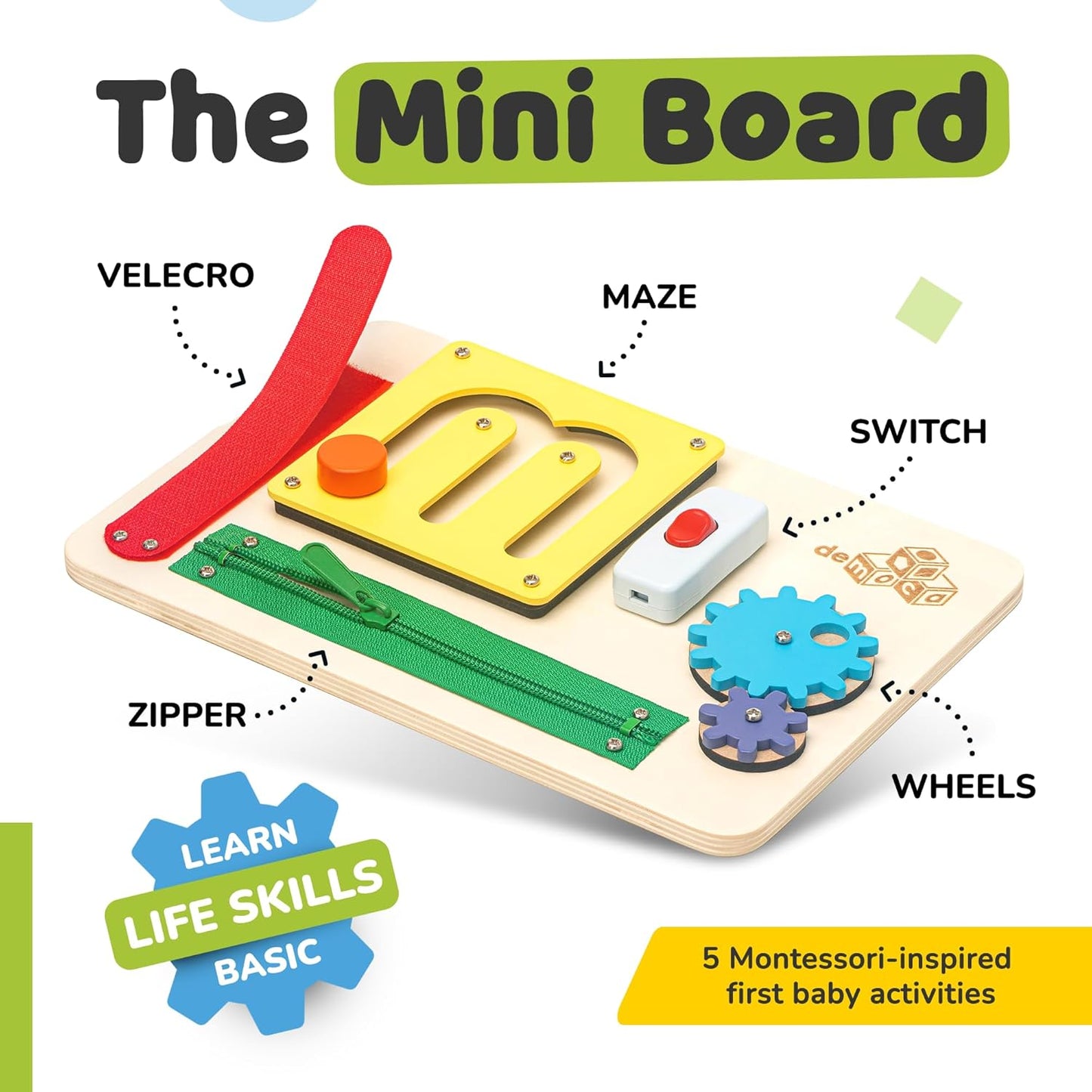 deMoca Toddler Busy Board for 1 Year Old, Travel Baby Wooden Montessori Busy Board for Toddlers 1–3, Switch and Fidget Activities for Early Motor Skills and Travel Play