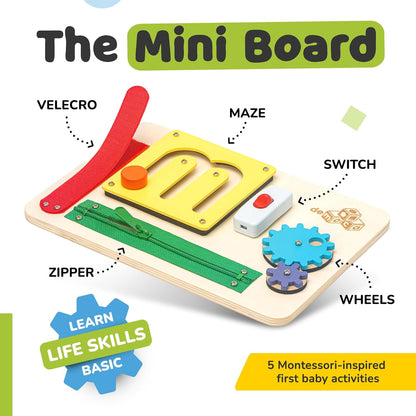 deMoca Toddler Busy Board for 1 Year Old, Travel Baby Wooden Montessori Busy Board for Toddlers 1–3, Switch and Fidget Activities for Early Motor Skills and Travel Play
