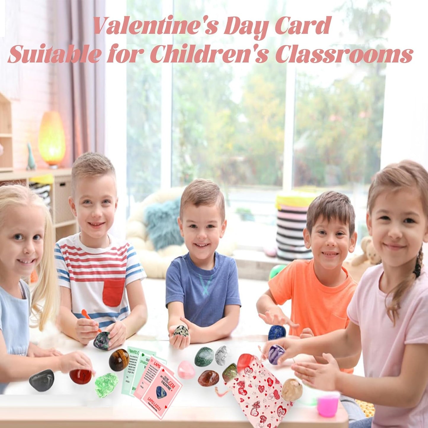 Valentines Day Cards for Kids School - 28 Pack Valentines Day Cards Gemstone Crystals Rocks Minerals Bulk for Boys Girls Exchange Gifts Class Classroom Party Favors