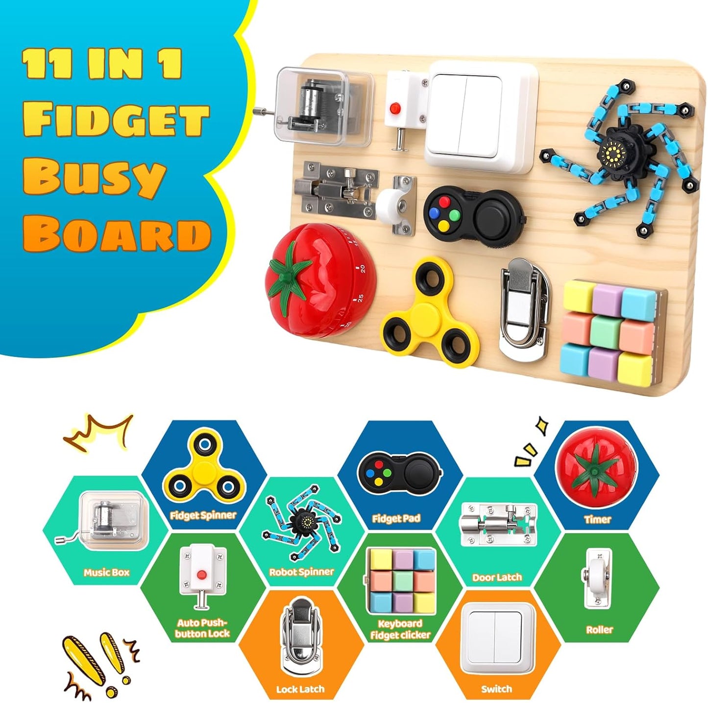 Umnodobn Montessori Busy Board for Toddlers, 11-in-1 Sensory Learning Travel-Friendly Activity Board, Fine Motor Skills Toy, Screen, Birthday Holiday Presents for Boys Girls 3+ Years Old