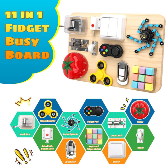Umnodobn Montessori Busy Board for Toddlers, 11-in-1 Sensory Learning Travel-Friendly Activity Board, Fine Motor Skills Toy, Screen, Birthday Holiday Presents for Boys Girls 3+ Years Old