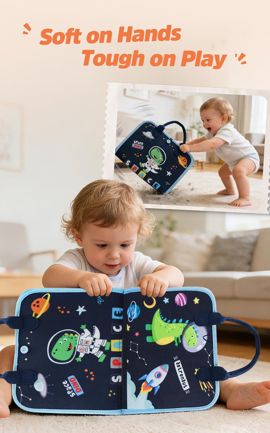 GONINO Toddler Busy Board Montessori Toys for 1-3 Year Old, Dinosaur Space Busy Book with 23 Activities for Learning Fine Motor Skills, Sensory Travel Toys for Airplane Car, Gifts for Boys Girls, Blue