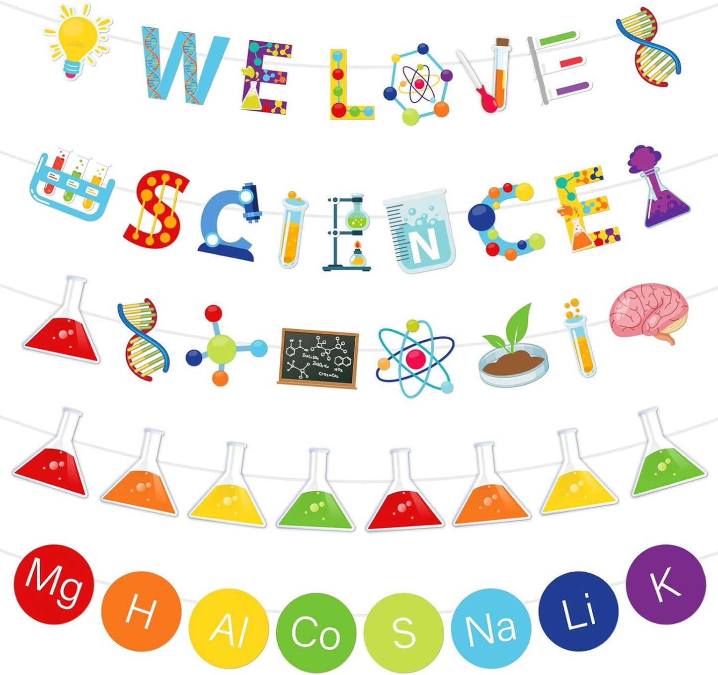 Whaline 5Pcs Science Banners Back to School We Love Science Garland Hanging Ornaments Scientific Chemistry Lab Party Decoration Set for School Classroom Home Scientist Birthday Party Decor Supplies