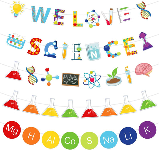 Whaline 5Pcs Science Banners Back to School We Love Science Garland Hanging Ornaments Scientific Chemistry Lab Party Decoration Set for School Classroom Home Scientist Birthday Party Decor Supplies
