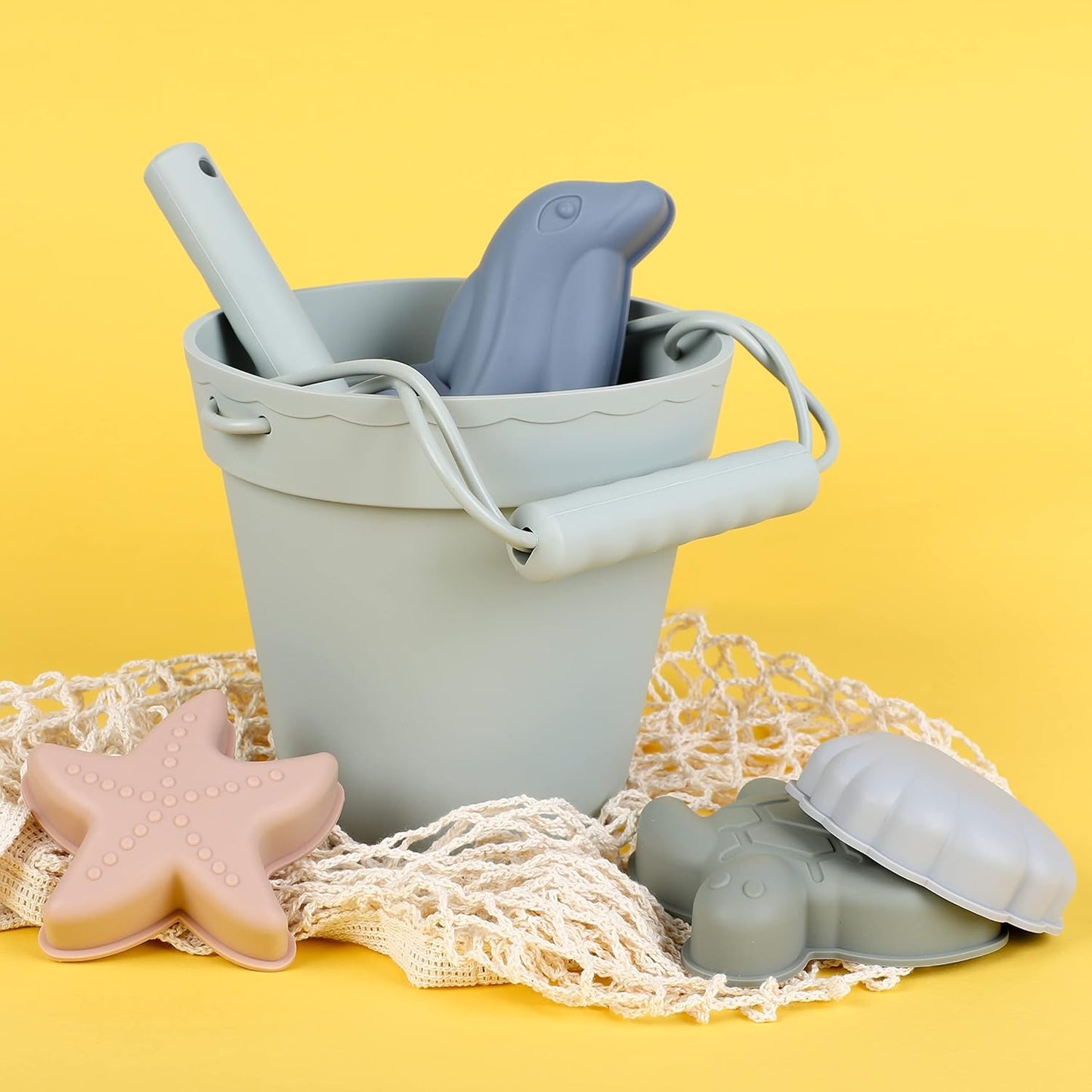 BLUE GINKGO Silicone Beach Toys - Modern Baby | Travel Friendly Toys Set | Silicone Bucket, Shovel, 4 Sand Molds, Beach Bag | Sand Toys for Toddlers, Kids - Yellow