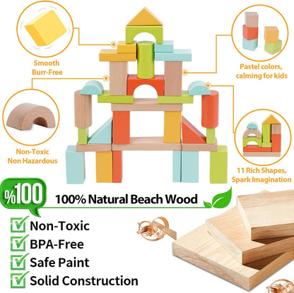 FCSONU Wooden Building Blocks for Toddlers 1-3, 100 Pcs Wood Blocks Set - Sorting & Stacking Toys with Storage and Lid, Kid Montessori Toys Ages 2+, Christmas 1st Birthday Gifts for Boys Girls Baby