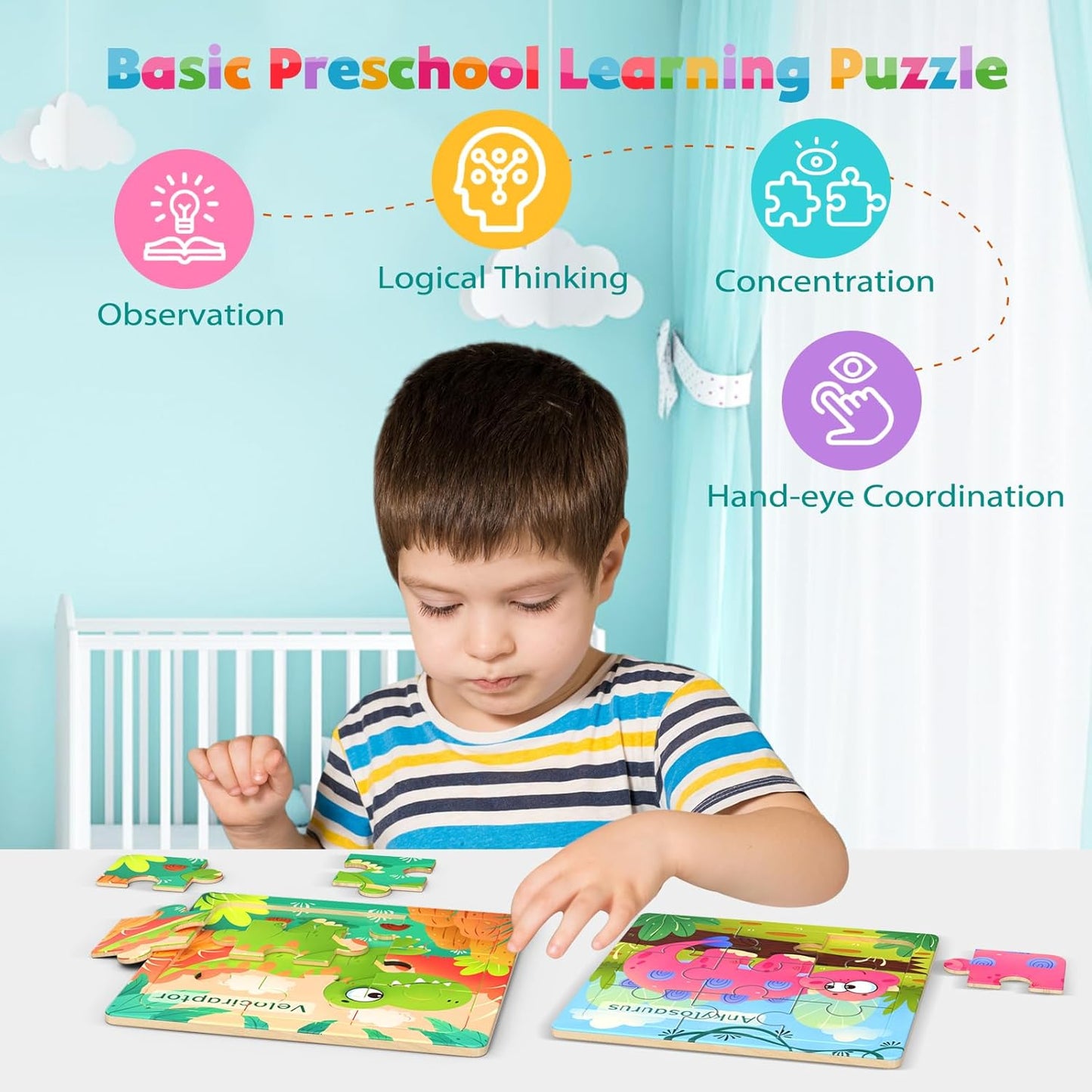 Zeoddler Wooden Puzzles for Toddlers, 8 Pack Animal Jigsaw Puzzles for Kids3-5, 9 Pieces Preschool Learning Activities, Learning & Educational Toys, Gift for Boys, Girls