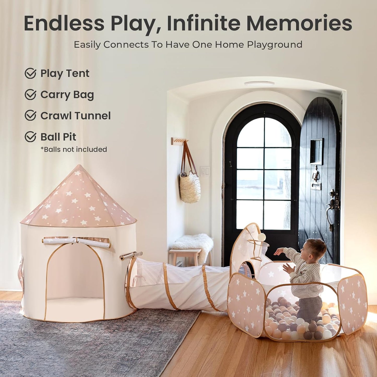 Tiny Land Play Tunnel and Ball Pit for Toddlers, 5pcs Indoor Playground - Foldable Pop Up Tents with Carry Bag, Outdoor Playhouse with Crawling Toys & Play Tent, Gift for Boys and Girls
