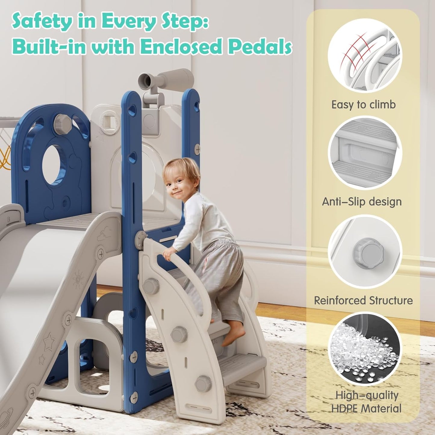 kinbor 6 in 1 Toddler Slide PlaySet - Indoor Outdoor Fun for Kids Ages 1-3, Includes Basketball Hoop, Telescope, Storage & Climber, Safe, Sturdy Baby Slide for Backyard Playground, Blue