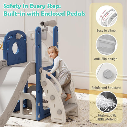 kinbor 6 in 1 Toddler Slide PlaySet - Indoor Outdoor Fun for Kids Ages 1-3, Includes Basketball Hoop, Telescope, Storage & Climber, Safe, Sturdy Baby Slide for Backyard Playground, Blue