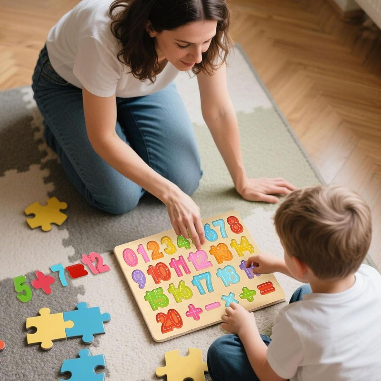 Kids Bundle – 209 PCS Wooden Pattern Blocks with Activity Cards & Bag + Montessori Number Puzzle Set, Preschool Shape Learning Toys for Boys Girls Classroom Gifts