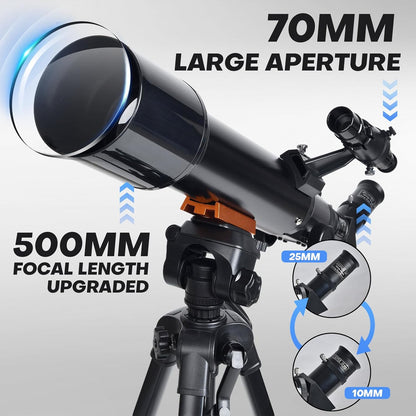 Telescope for Beginners & Kids: 70mm / 500mm Refractor (150X HD), Portable Travel Scope, Best Astronomy Gifts for Adults w/Wireless Remote, Carrying Bag. Easy Set Up