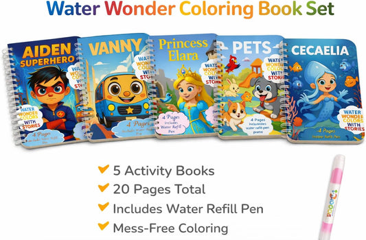 FIESTA CART Water Coloring Books for Kids – 5 Pack Reusable Mess Free Water Coloring Book with Stories, Refillable Pens, Toddler Travel Activity & Preschool Learning Toy (Ages 2–5)