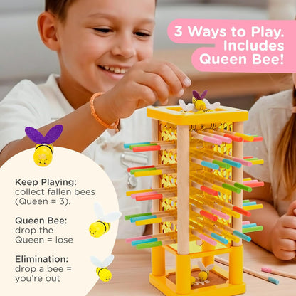 Nene Toys BeeFall Jumbo, 4-in-1 Wooden Honey Bee Toy for Kids Ages 3-9 - Educational Game with Wooden Honeybee Hive, 12 Bees, Colorful Sticks, Dice & Cards - Fun Family Game for Cognitive Development