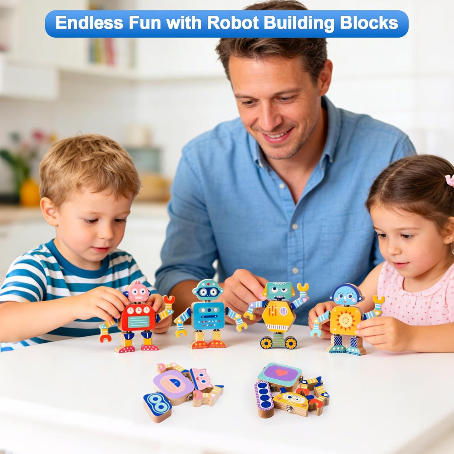 Robots Wooden Snap-Together Building Toys – 28-Piece STEM Montessori Educational Blocks for Toddlers Ages 3–6 | Fine Motor Skills Development | Safe, Durable, Creative Robot Toys Gift for Kids