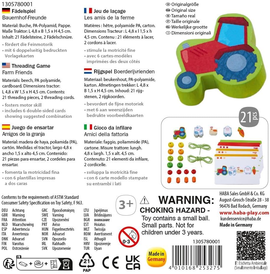 HABA Threading Game Farm Friends - Creative Educational Game & Threading Chain with 21 Wooden Beads & 2 Cords Including Template Cards - Threading Fun for Children from 3 Years - 1305780001