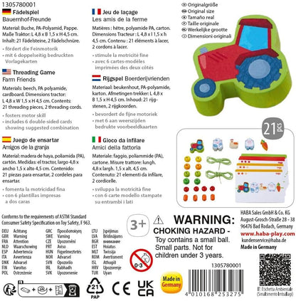 HABA Threading Game Farm Friends - Creative Educational Game & Threading Chain with 21 Wooden Beads & 2 Cords Including Template Cards - Threading Fun for Children from 3 Years - 1305780001