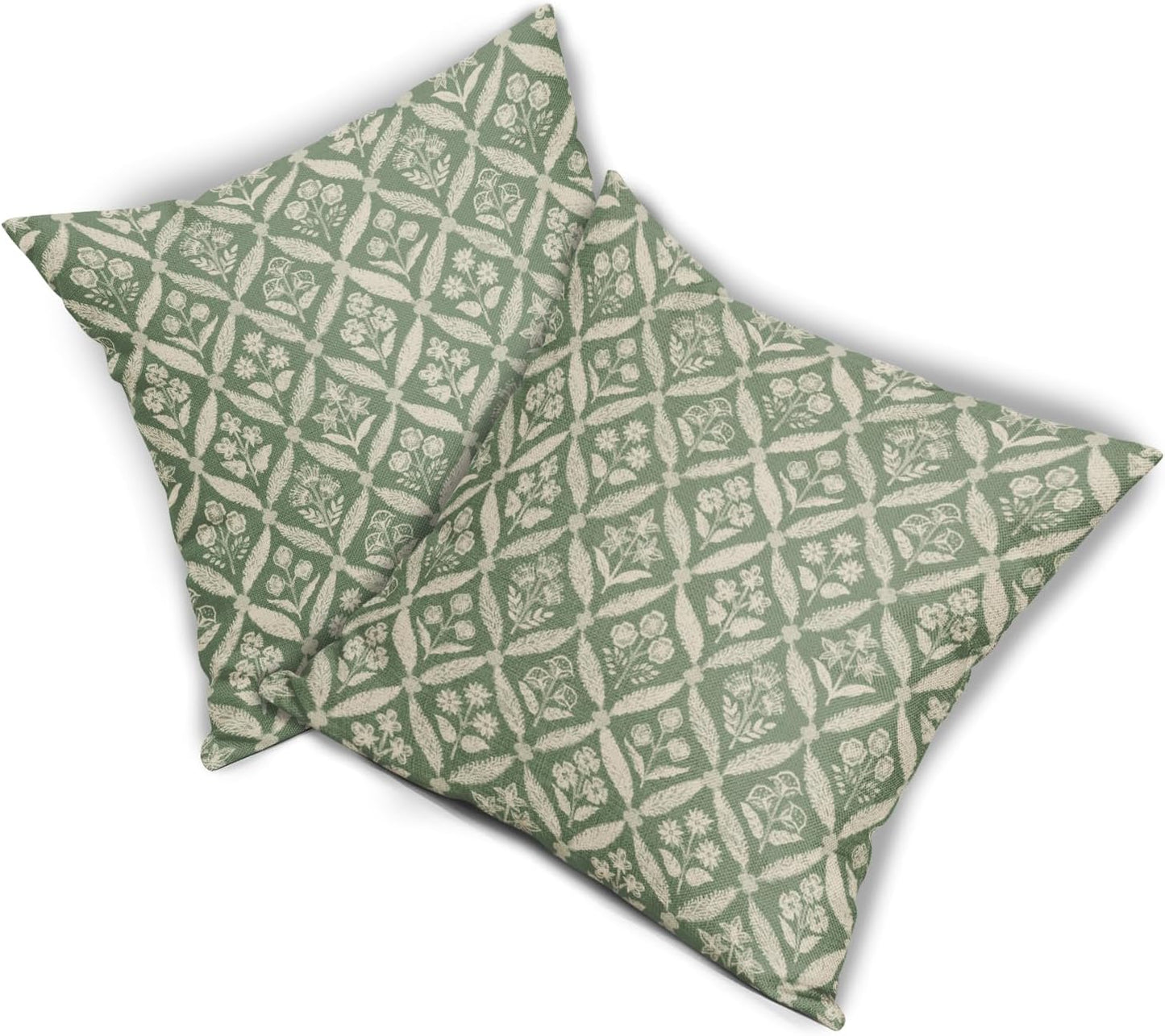 Blue Green Floral Block Print Pillow Covers 12X20 Set of 2, Flower Pattern Spring Summer Print Decorative Throw Pillow Covers Outdoor Farmhouse Seasonal Cushion Case Couch Sofa Bed Decor