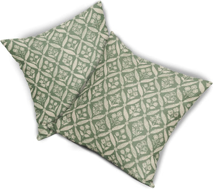 Blue Green Floral Block Print Pillow Covers 12X20 Set of 2, Flower Pattern Spring Summer Print Decorative Throw Pillow Covers Outdoor Farmhouse Seasonal Cushion Case Couch Sofa Bed Decor