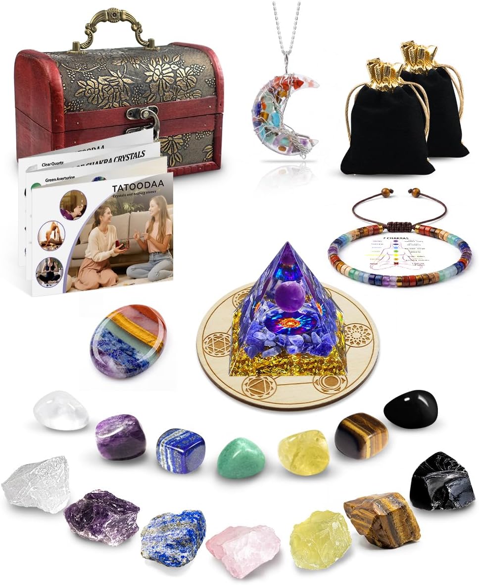 Crystals and Healing Stones, 9 Pcs Healing Crystals Set, 7 Chakra Crystal Stones Set Real Natural Selenite Pyramid Reiki Raw Rock Energy Protection Meditation with Wooden Box, Crystal Gifts for Women