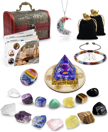 Crystals and Healing Stones, 9 Pcs Healing Crystals Set, 7 Chakra Crystal Stones Set Real Natural Selenite Pyramid Reiki Raw Rock Energy Protection Meditation with Wooden Box, Crystal Gifts for Women