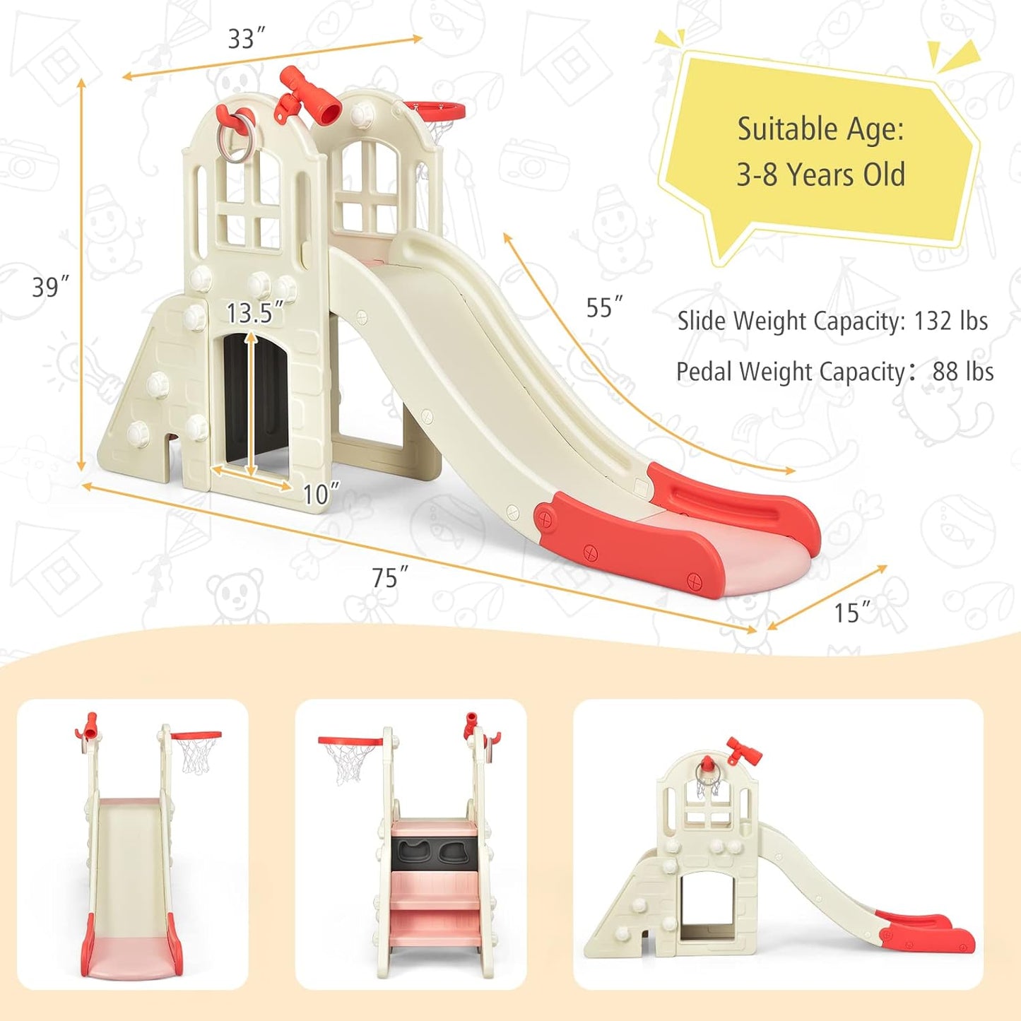 BABY JOY Toddler Slide, 6-in-1 Indoor Kids Slide Playset with Basketball Hoop, Telescope, Climbing Ladder & Storage Space, Freestanding Playhouse & Climber for Kids Aged 1-3 (Pink)
