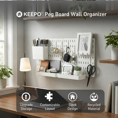 Keepo Peg Board Wall Organizer – Plastic Pegboard Panels, Modular Peg Board Storage System for Home Office, Craft Room, Gaming Setup (White, 33″×22″)