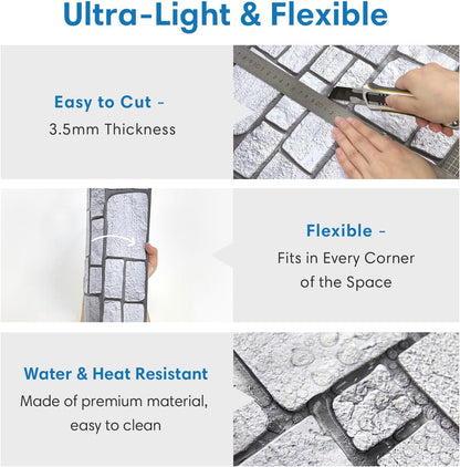 COMSTICKC 3D Faux Gray Stone Wall Sticker Peel and Stick Wall Panels,10 Pcs of 12"X12",Ultra-Light Thin PVC Decorative Tiles Rocks Stone Backsplash Interior Decor,Paintable