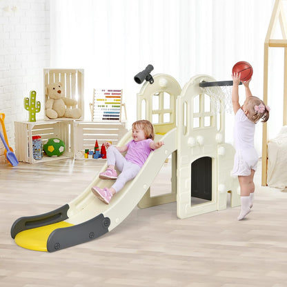 BABY JOY Toddler Slide, 6-in-1 Indoor Kids Slide Playset with Basketball Hoop, Telescope, Climbing Ladder & Storage Space, Freestanding Playhouse & Climber for Kids Aged 1-3 (Pink)