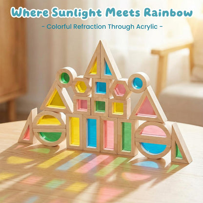 WOODENFUN Wood Building Blocks Set for Kids, 32 Pcs Rainbow Stacker Stacking Game Construction Toys Set Preschool Colorful Learning Educational Toys, Geometry Wooden Blocks for Boys Girls