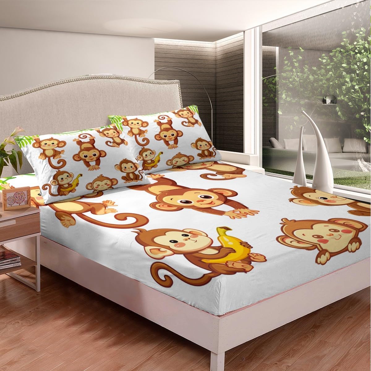 Manfei Musical Kids Fitted Sheet Full Size, MusicalGuitar Radio Drum Kit Headset Print Bedding Set 3pcs for Boys Girls, Rock Music Bed Cover with 2 Pillowcases, Soft Polyester Bedding, No Top Sheet